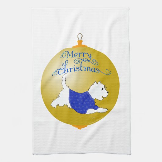 Westie Kerst Ornament Theedoek (Verticaal)