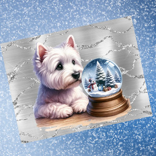 Westie Kerst Wereldbol op zilver Feestdagenkaart