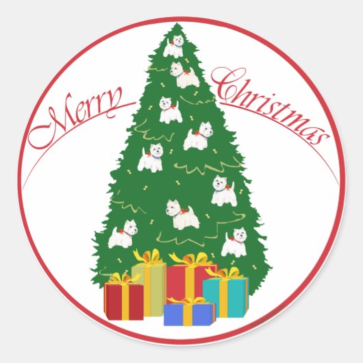Westie Kerstboom Ronde Sticker (Voorkant)