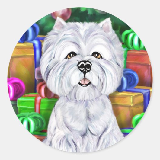 Westie-kerstcadeautjes met open kerstmis ronde sticker (Voorkant)