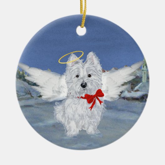Westie kerstengel keramisch ornament (Voorkant)