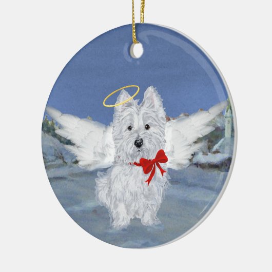 Westie kerstengel keramisch ornament (Links)