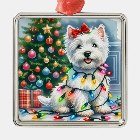 Westie Kerstverlichting Vakantie Metalen Ornament (Voorkant)
