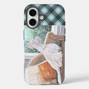Westie kijkt uit een raam iPhone 16 hoesje