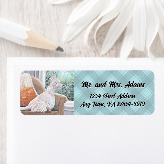 Westie kijkt uit een raam etiket (Insitu)