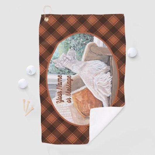 Westie kijkt uit een raam golfhanddoek (Insitu)