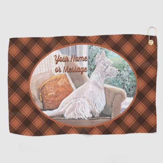 Westie kijkt uit een raam golfhanddoek (Horizontaal)