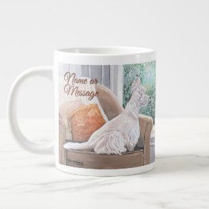 Westie kijkt uit een raam grote koffiekop