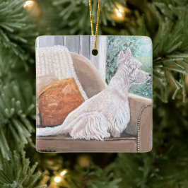 Westie kijkt uit een raam keramisch ornament