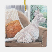 Westie kijkt uit een raam keramisch ornament (Voorkant)