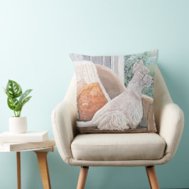 Westie kijkt uit een raam kussen