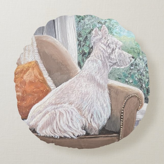 Westie kijkt uit een raam rond kussen (Voorkant)