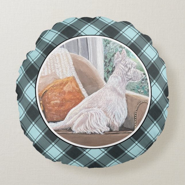 Westie kijkt uit een raam rond kussen (Voorkant)