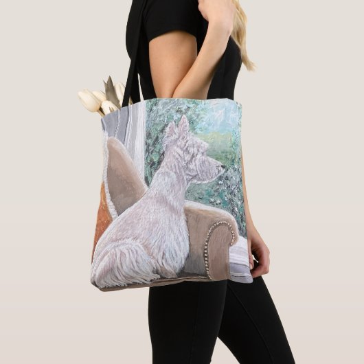 Westie kijkt uit een raam tote bag (Dichtbij)
