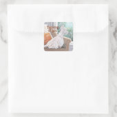 Westie kijkt uit een raam vierkante sticker (Tas)