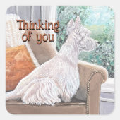 Westie kijkt uit een raam vierkante sticker (Voorkant)