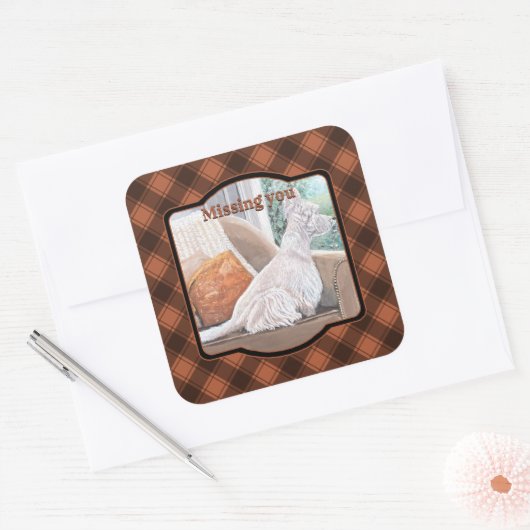 Westie kijkt uit een raam vierkante sticker (Envelop)