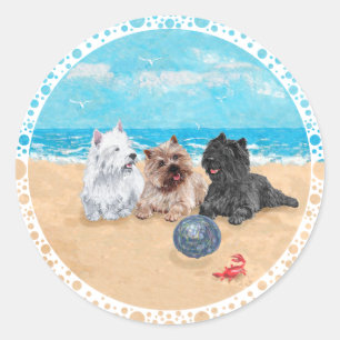Westie met Cairn Terriërs op het Strand Ronde Sticker