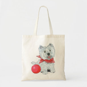 Westie met een rode bal tote bag