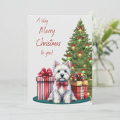 Westie met Pakketten Kerst Kaart (Staand voorkant)