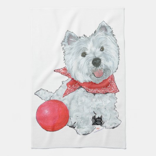 Westie Met Rode Bal Theedoek (Verticaal)