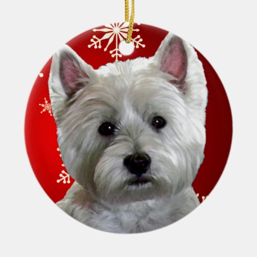 WESTIE MET SNOWFLAKS KERAMISCH ORNAMENT (Voorkant)