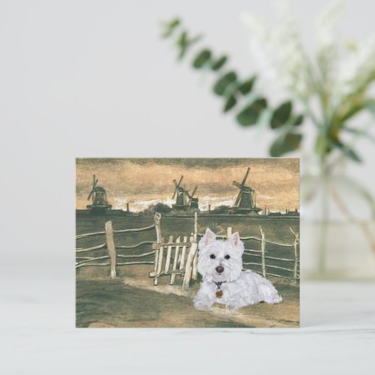 Westie met windmolens briefkaart (Staand voorkant)