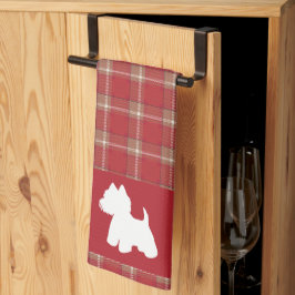 Westie op een rode tartan achtergrond theedoek