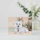 Westie op het strand briefkaart (Staand voorkant)