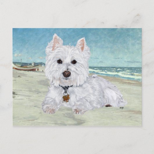 Westie op het strand briefkaart (Voorkant)