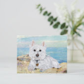 Westie op het strand briefkaart (Staand voorkant)