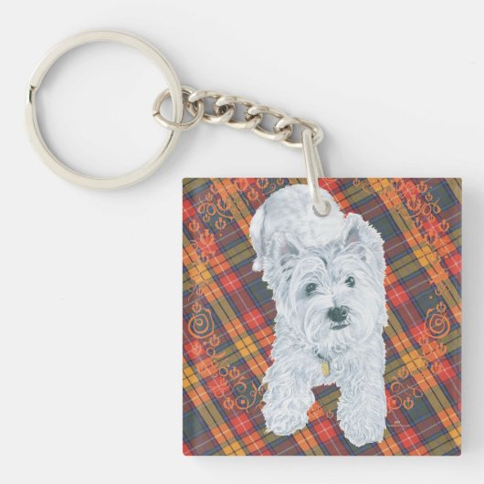 Westie op Tartan Sleutelhanger (Voorkant)