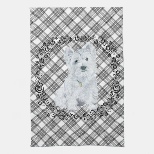 Westie op Tartan Theedoek (Verticaal)