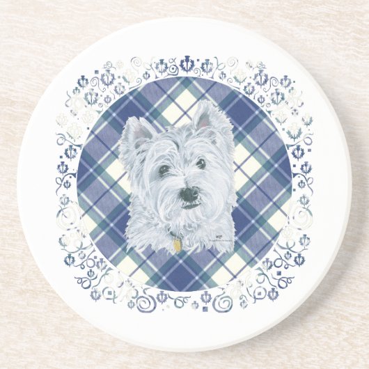 Westie op Tartan Zandsteen Onderzetter (Voorkant)