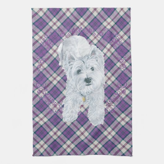Westie over Tartan Theedoek (Verticaal)