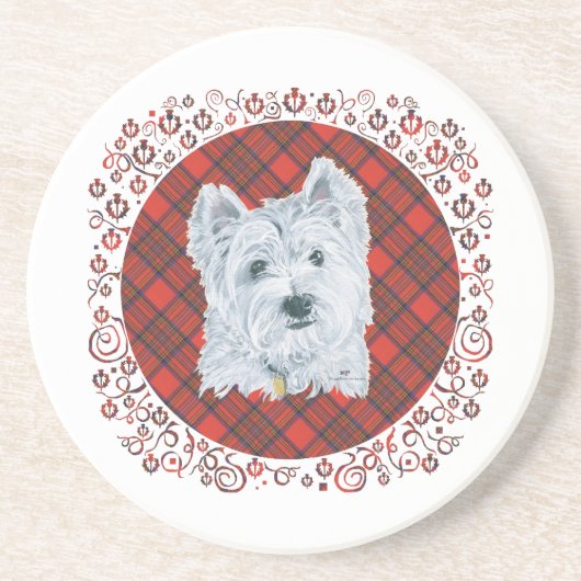 Westie over Tartan Zandsteen Onderzetter (Voorkant)