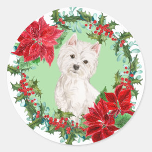 Westie Poinsettia Holly Vakantiekrans Ronde Sticker