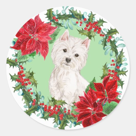 Westie Poinsettia Holly Vakantiekrans Ronde Sticker (Voorkant)