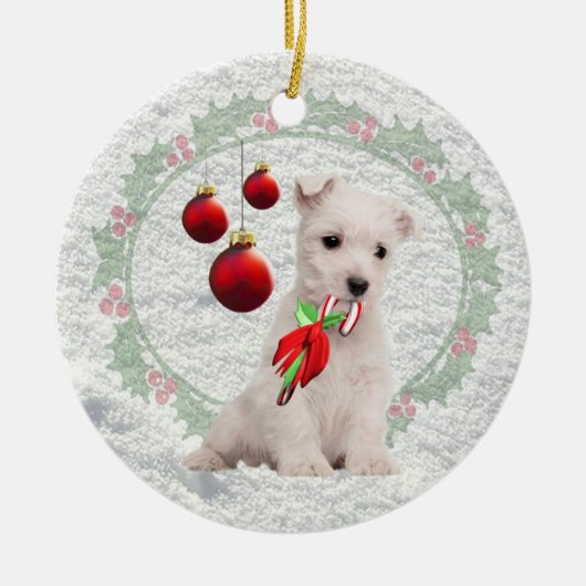 Westie Puppy Hugs & Kisses & Warm-kerstgewas Keramisch Ornament (Voorkant)