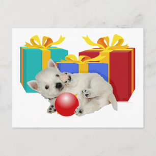 Westie-puppy met kerstcadeaus feestdagenkaart