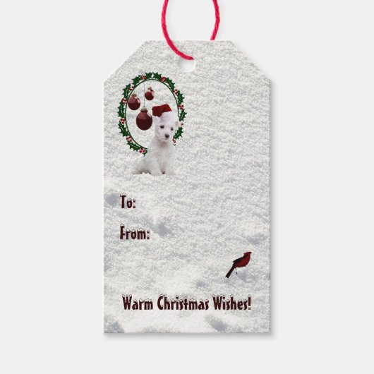 Westie Puppy Warm Christmas Wishes Cadeau Labels. Cadeaulabel (Voorkant)