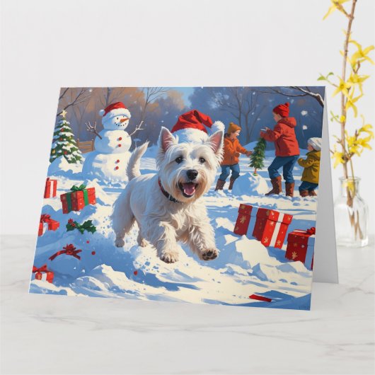 Westie rent in de sneeuw met kerst Pet Kaart (Gele Bloem)
