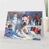Westie rent in de sneeuw met kerst Pet Kaart (Voorkant)