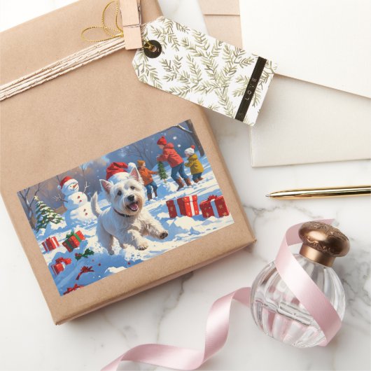 Westie rent in de sneeuw met kerst Pet Rechthoekige Sticker (Geschenken)