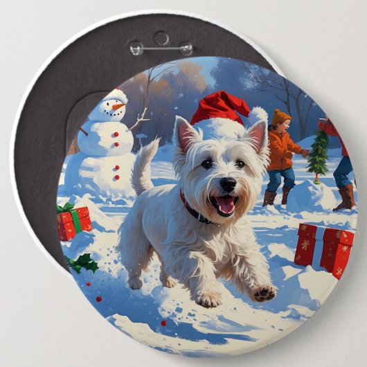 Westie rent in de sneeuw met kerst Pet Ronde Button 6,0 Cm (Voorkant /achterkant)