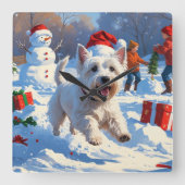 Westie rent in de sneeuw met kerst Pet Vierkante Klok (Voorkant)