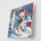 Westie rent in de sneeuw met kerst Pet Vierkante Klok (Hoek)