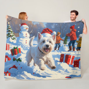 Westie rent in de sneeuw met kerstmuts fleece deken