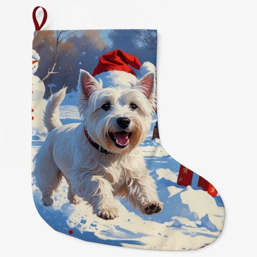 Westie rent in de sneeuw met kerstmuts grote kerstsok (Voorkant)