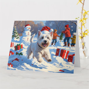 Westie rent in de sneeuw met kerstmuts kaart